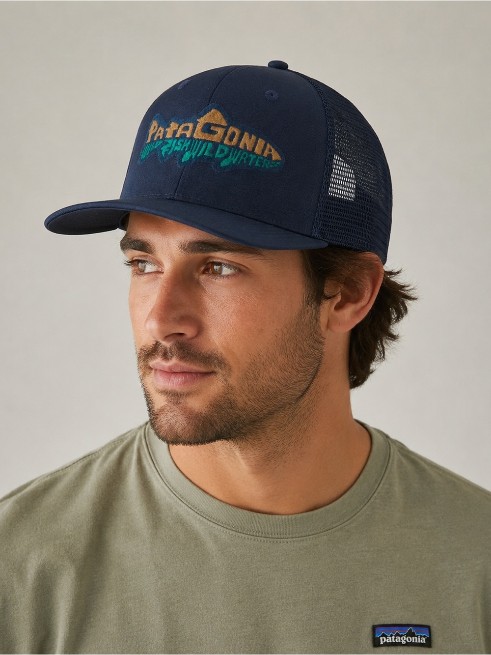 Patagonia Navy Blue Trucker Hat with Mountain Fish Logo